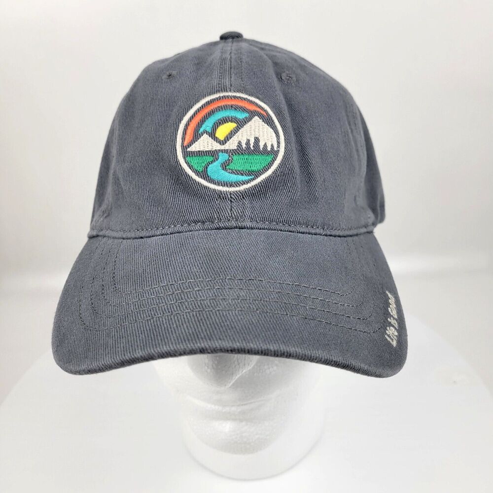 Life is Good Mountain Sunrise Chill Cap Hat Gray Large Stretch Fit Arched Brim